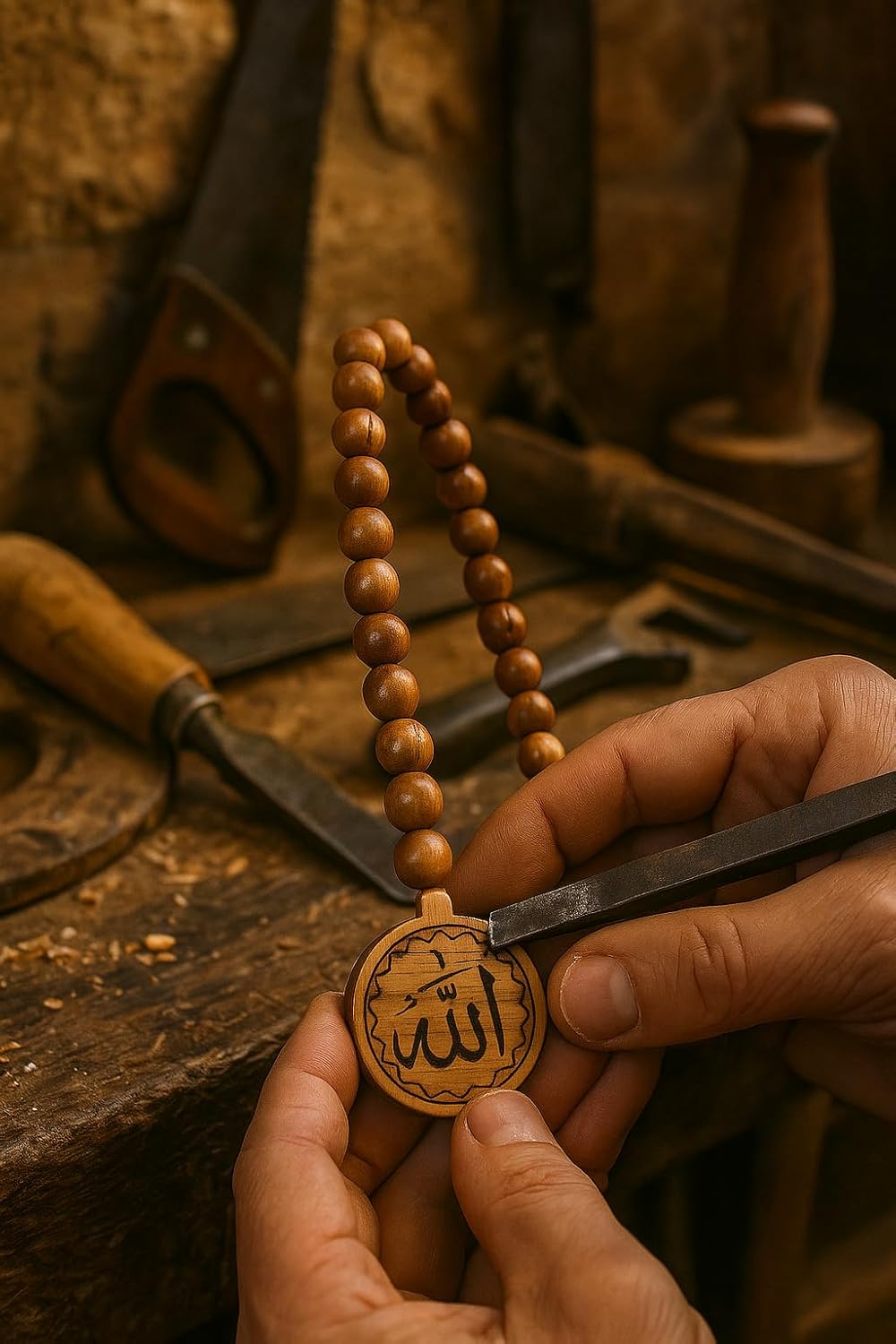 SANAD Allah Medallion Necklace Olive Wood – Islamic Arabic Jewelry from Jerusalem – Round Pendant for Men & Women – Muslim Gift with Name of God – Spiritual Islam Necklace - Image 3