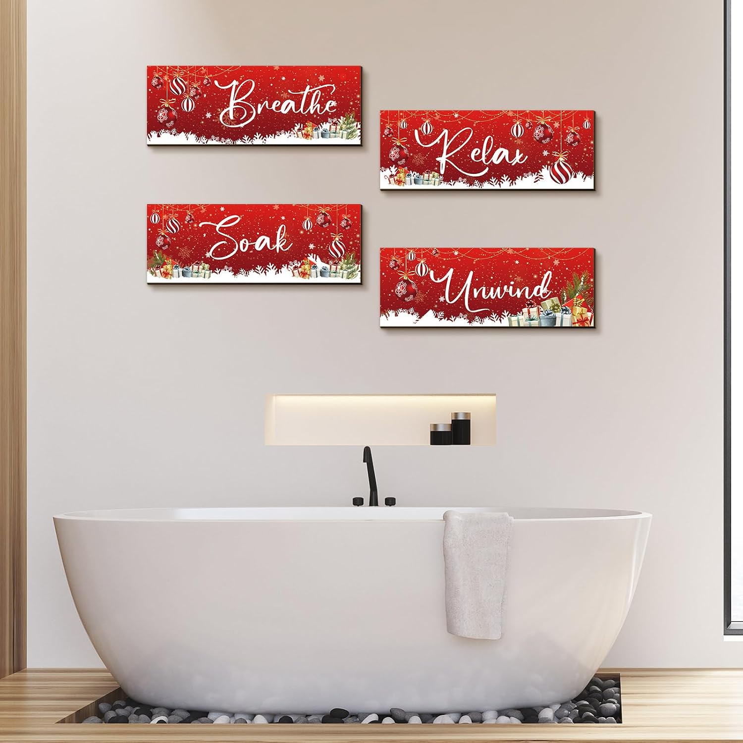 Huwena 4 Pcs Christmas Bathroom Wall Decor, Winter Wooden Sign, Ball | Breathe Relax, Soak Unwind, Red Ornament Prints, Snowflake Gifts, Rustic Plaques, Spa Laundry Decor, Living Room Accents