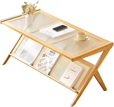 Rattan Coffee Table, Glass Nightstand Side Table, Z-Shaped Legs Mid-Century Modern for Living Room,Living Room, Dining Room, TeaYellow