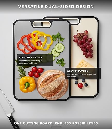 Miniatura 2 de Tabla de cortar de acero inoxidable para cocina, tabla de cortar de doble cara, acero inoxidable puro de grado alimenticio y paja de trigo PP, fácil