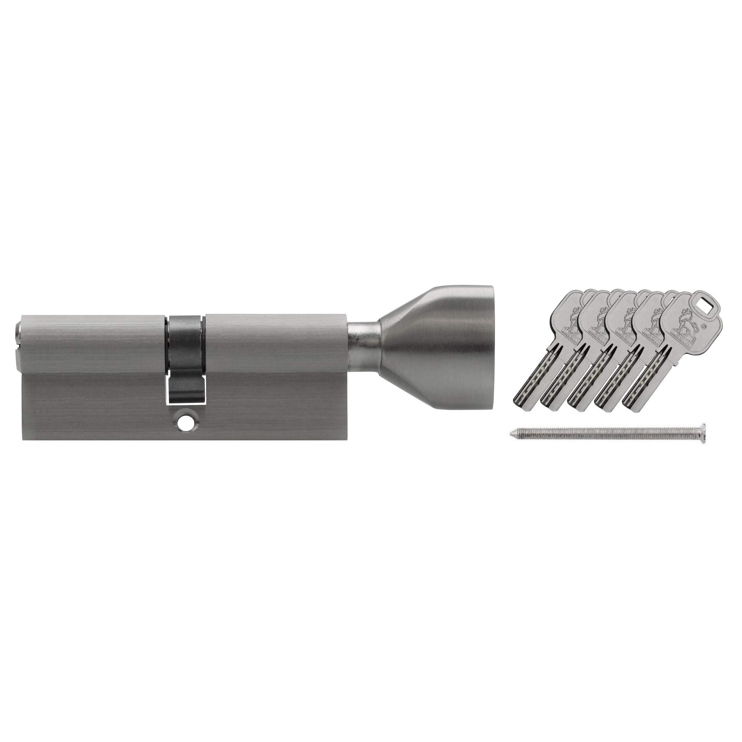 Löwen Sicherheit Metallic Silver Grey Thumb Turn Knob Euro Cylinder 90 Mm 45/45 With 5 Keys (45X45) (Ksn)