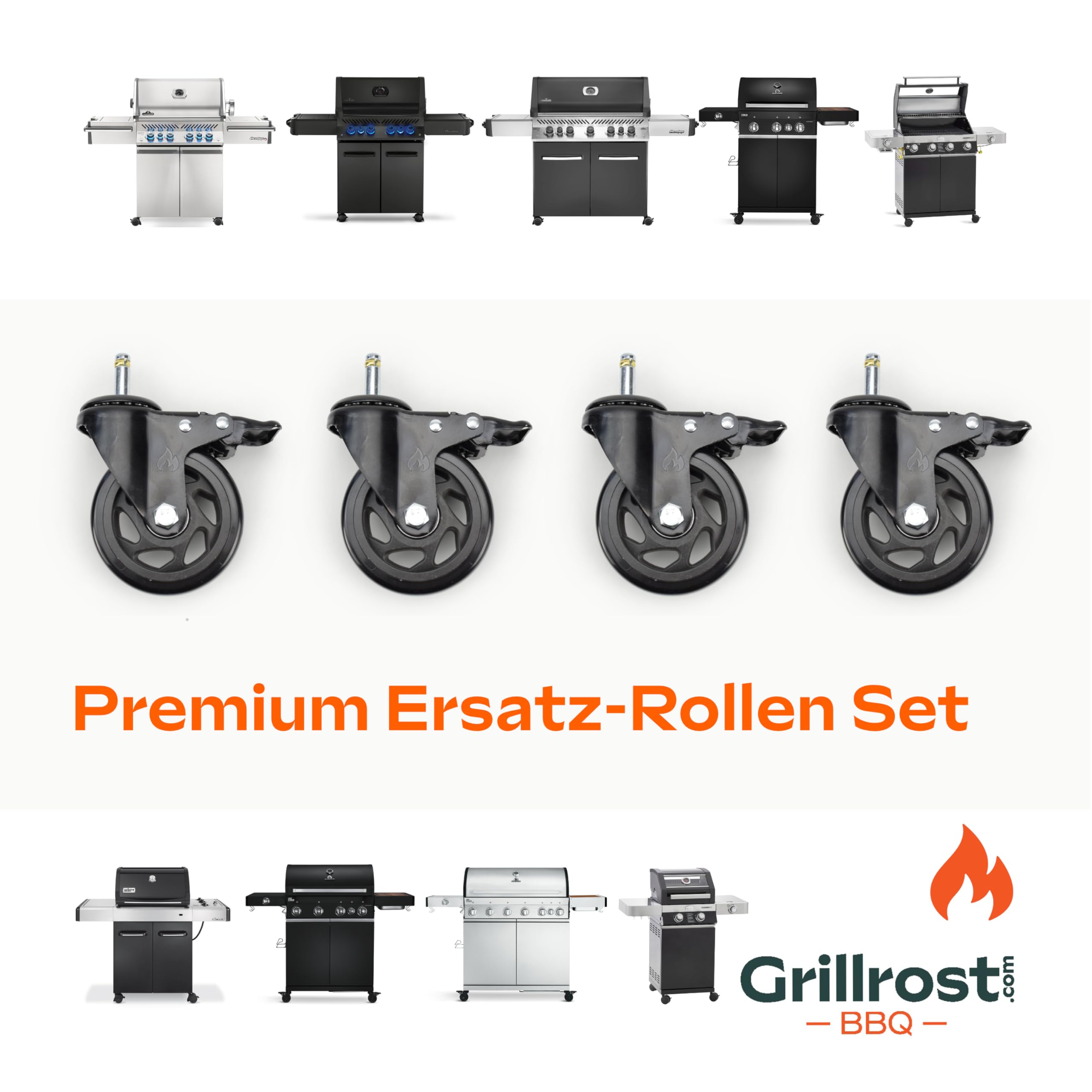 Grillrost.com Das Original Zestaw zapasowych rolek premium o średnicy 100 mm – pasuje do wielu grilli gazowych