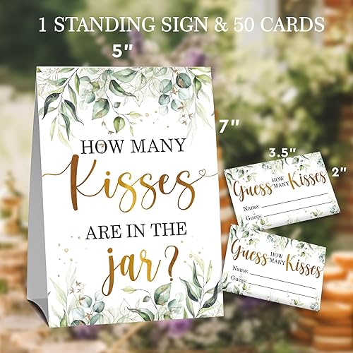 Miniatura 2 de How Many Kisses - Juego de tarjetas de sorteo para fiesta de despedida de soltera (1 letrero de pie y 50 tarjetas de adivinanzas), tarjetas de juego