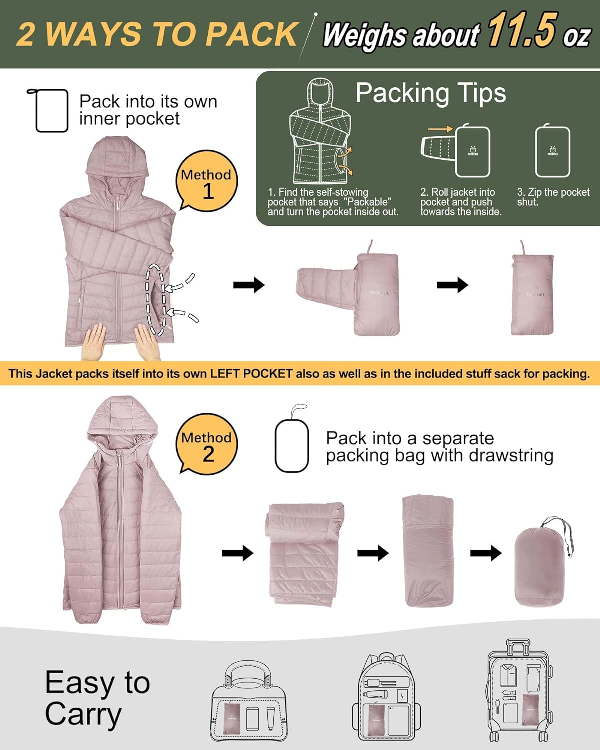 Outdoor Ventures Women's Packable Lightweight Full-Zip Puffer Jacket with Hood Quilted Winter Coat - Image 2