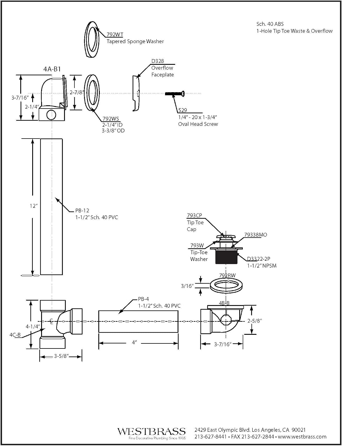 Westbrass A49311-26 1-1/2" x 14" SCH. 40 ABS Bath Waste & Overflow Assembly with Tip-Toe Drain Plug and One-Hole Faceplate, Polished Chrome