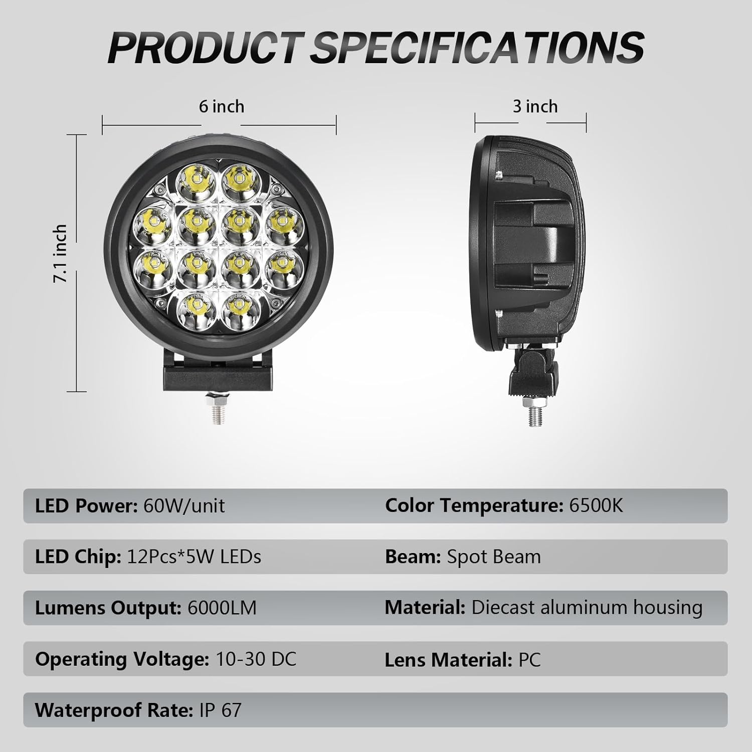 Audak 2Pcs 60W Spot Beam 6 Inch Round LED Work Light Driving Lights Spotlights for Off Road 4x4 Pickup Truck