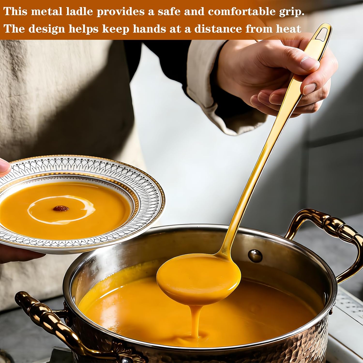 Gold Soup Ladle Stainless Steel Serving Spoon with Handle, 11.6 Inch