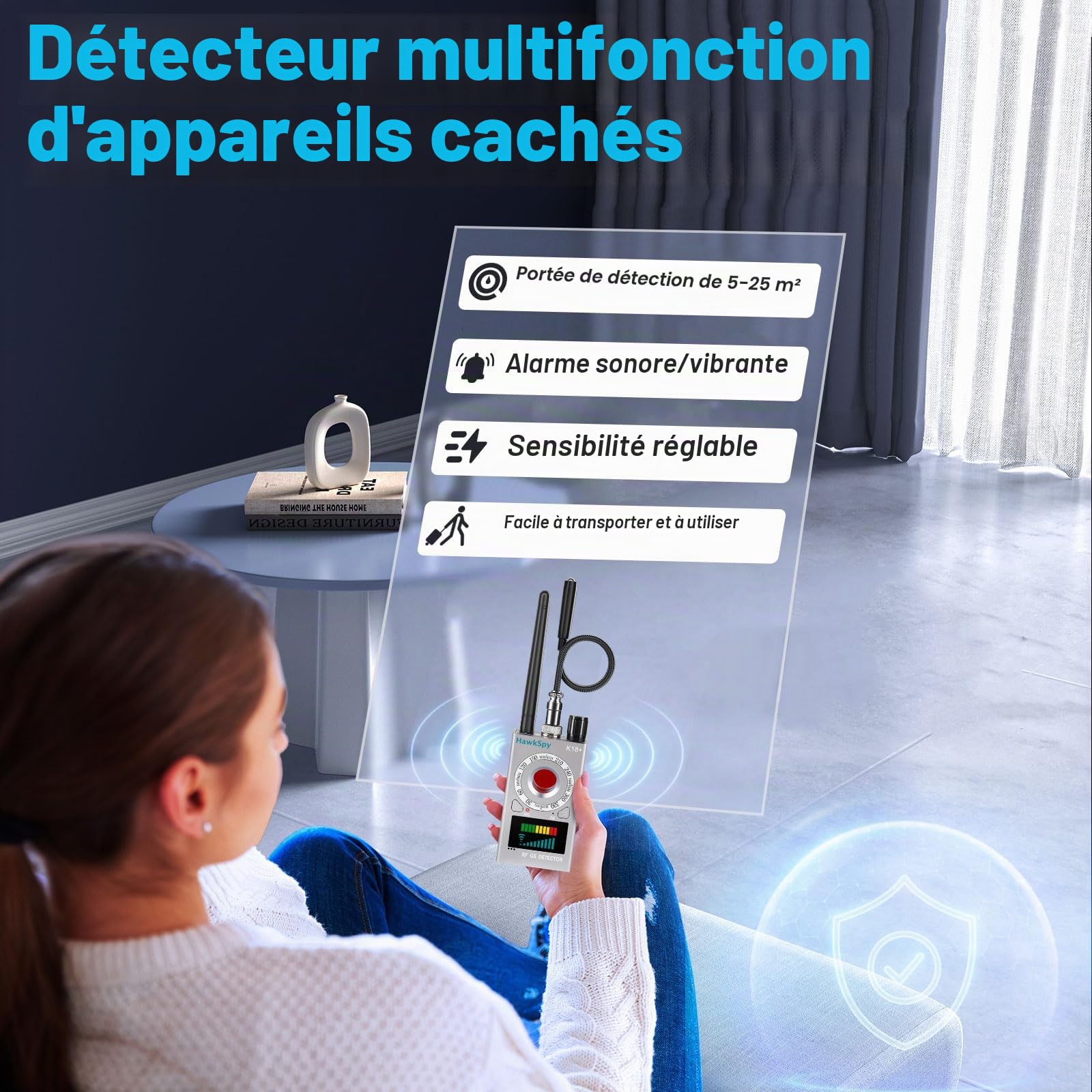 Détecteur de Caméras et Appareils Cachés, Scanner de Traceurs GPS et Sources de Signaux | Alerte Sonore et Vibration | Protection de la Vie Privée Portable (Argent)