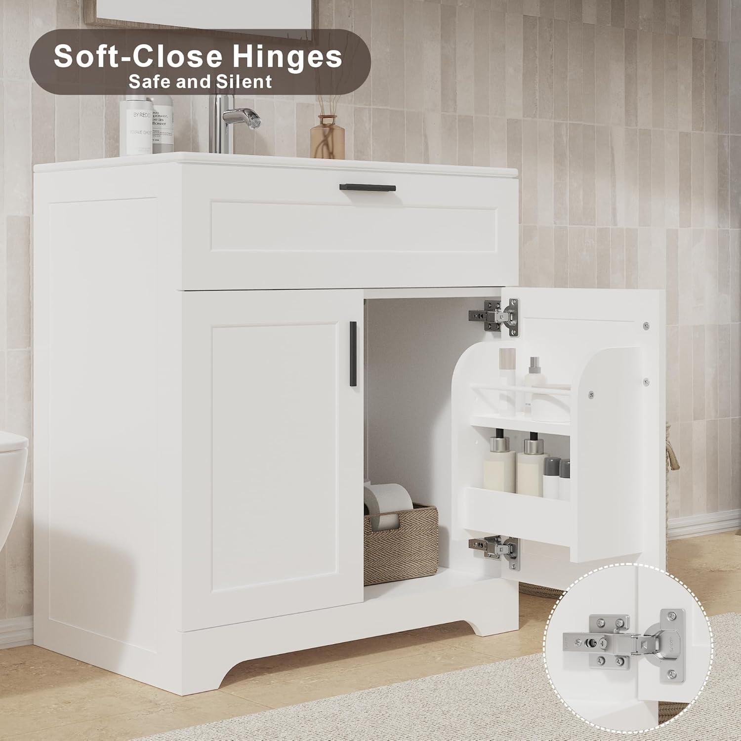 KIGOTY 30" Bathroom Vanity Without Sink, Bathroom Storage Cabinet Without Top, Unassembled Sink Cabinet with Drawer, Soft-Closing Door and Adjustable Shelf (White)