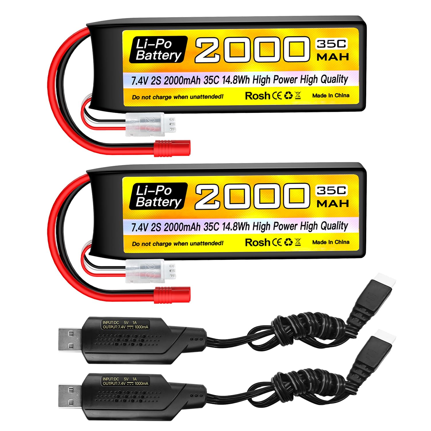 2PCS 2S Lipo Batteria 7.4V 2000mAh 35C con spina a banana da 3.5mm con cavo di ricarica USB per RC Auto Camion RC Barca RC Quadcopter FPV Drone Batteria
