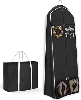 KEETDY Portable 70" Wedding Dress Garment Bag Travel with Bride Tote Bag 8'' Gusseted Hanging Dress Bags for Gowns 4 Pockets Long Dresses Storage for Women Clothes, Black