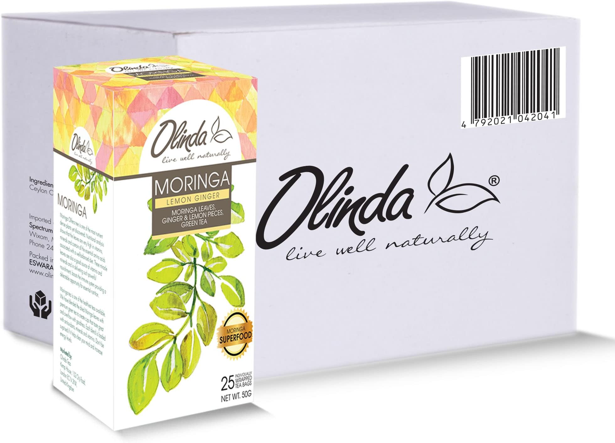 Olinda Moringa Lemon Green Tea with Moringa Leaves, Ginger and Lemon Pieces | Caffeinated Tea Bags, Brew Hot or Cold, 28 Tea Bags - Pack of 6