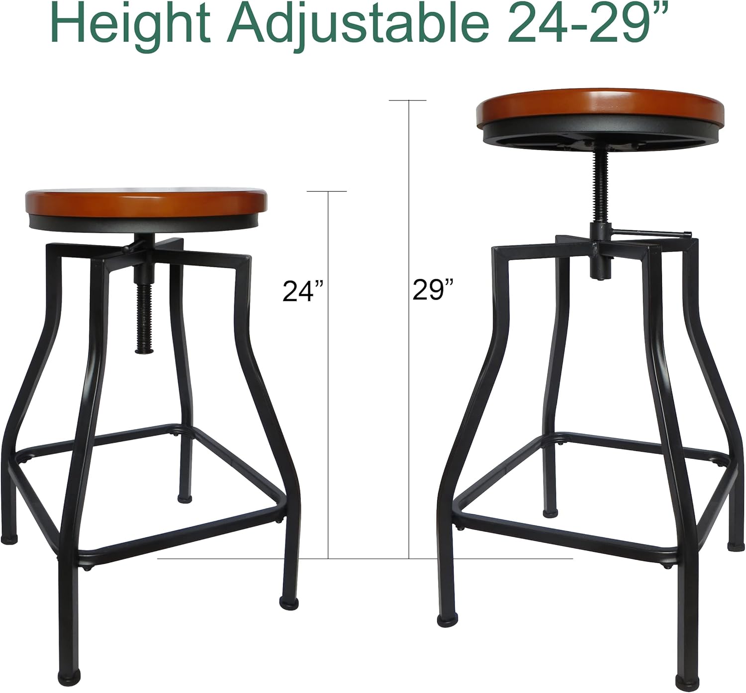 eHemco Adjustable Swivel Metal Kitchen Counter Height Barstool with Wood Veneer Seat, Black, Set of 3