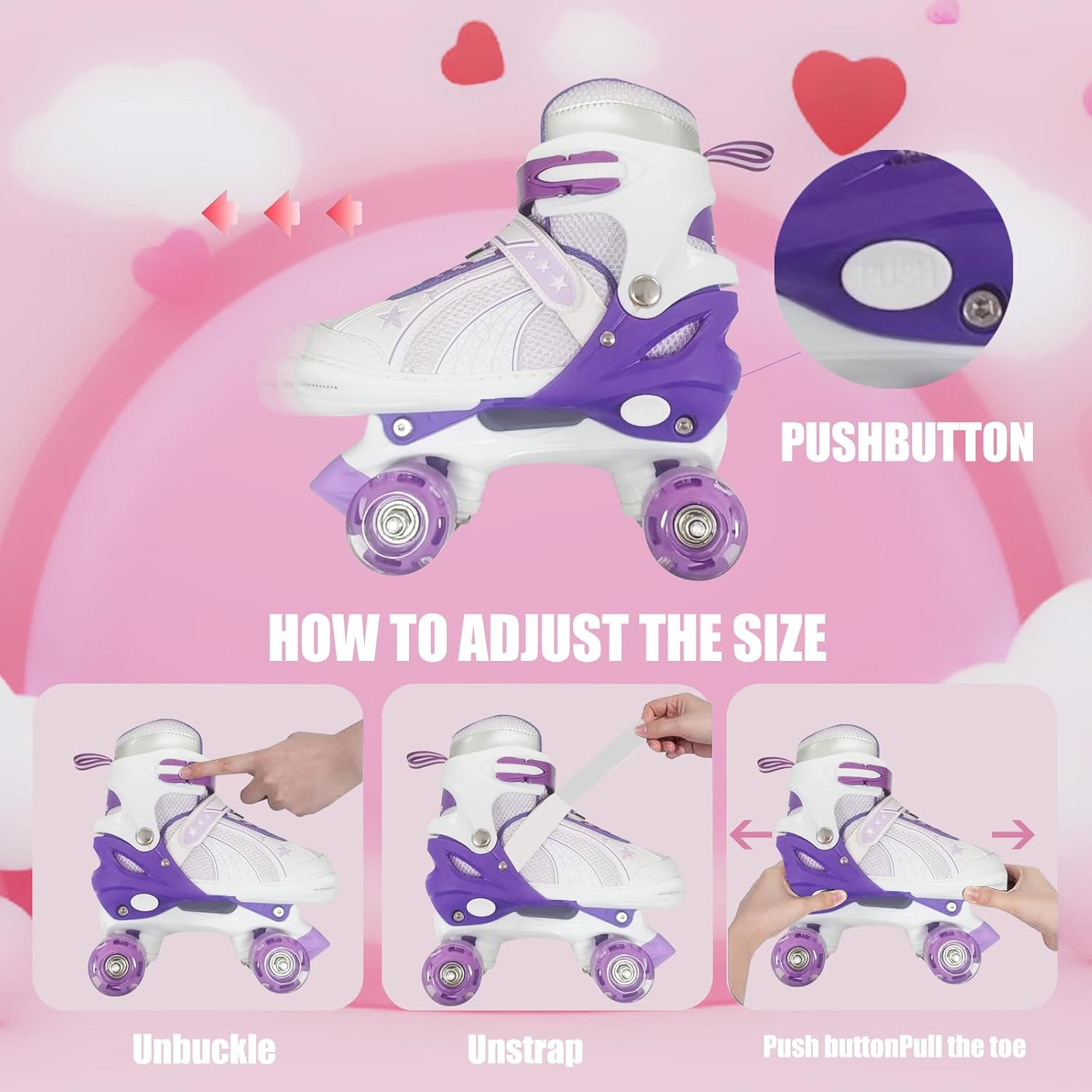 Adjustable Roller Skates for Boys Girls Ages 3-12, All 8 Wheels of Roller Skates Light Up with Protective Gear Set Gift for Youth Kids Indoor & Outdoor Beginners