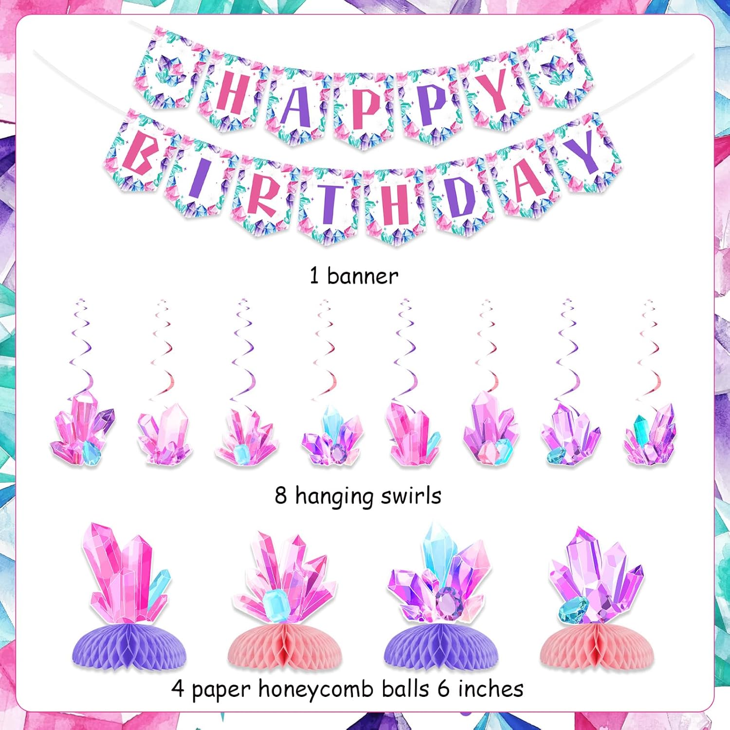 Gem Birthday Party Decorations Pink Purple Gemstone Hanging Swirls Streamers Honeycomb Centerpieces Happy Birthday Banner for Girl Crystal Jewel Gem Stone Geology Crystal Diamond Bday Party Supplies
