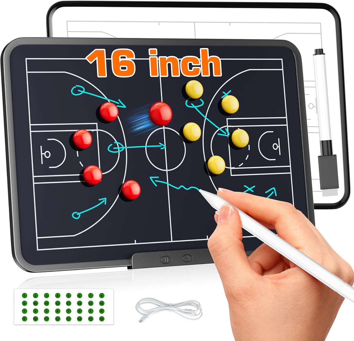 16 Inch Electronic Basketball Coaching Board with Double Sided | Rechargeable LCD Writing Tablet & Dry-Erase Magnetic Tactical Board with Stylus Pen, for Coach Training & Game Strategy
