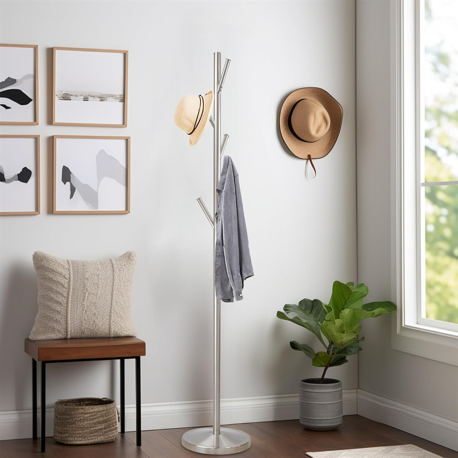 Satin Steel 68" Modern Metal Coat Rack with Umbrella Stand