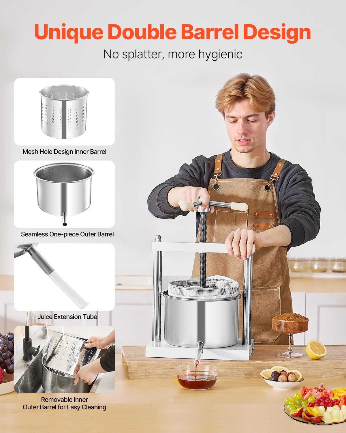 VEVOR 1.45 Gal/5L Fruit Wine Press, 2 Stainless Steel Barrels, Manual Juice Maker, Cider Apple Grape Tincture Honey Olive Oil Making Press with Triangular Handle for Outdoor Kitchen Home