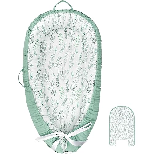 DILIMI Baby Lounger Cover, Cotton Baby Nest Replacement Cover for Girls Boys, Soft Breathable Reversible Newborn Lounger Cover, Green Leaf (Only Cover)