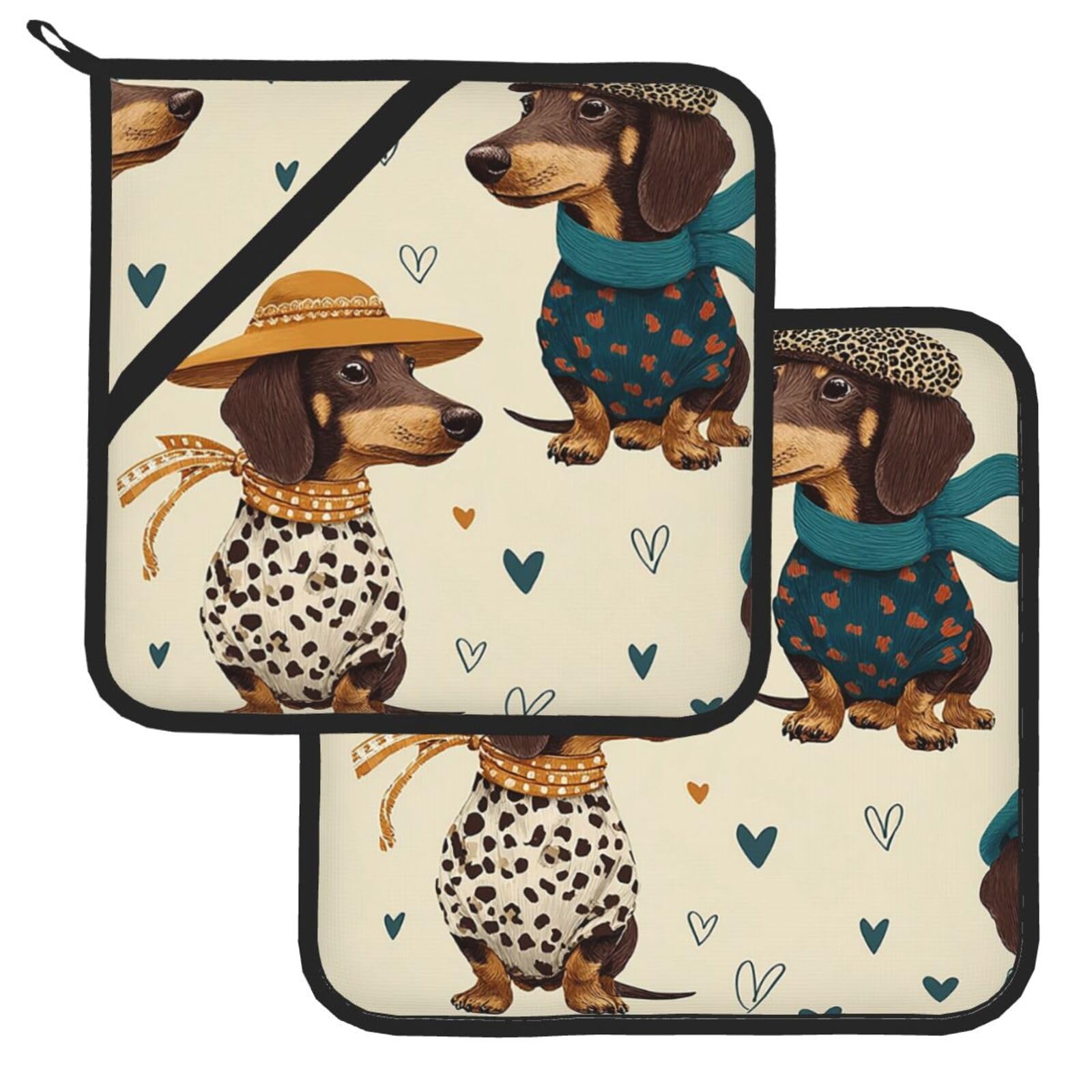 Pot Holder Set of 2 Heat Resistant Kitchen Potholders Dachshunds Dogs Pot Holders Kitchen Trivets with Hanging Loops Washable Oven Hot Pads for Cooking Baking BBQ