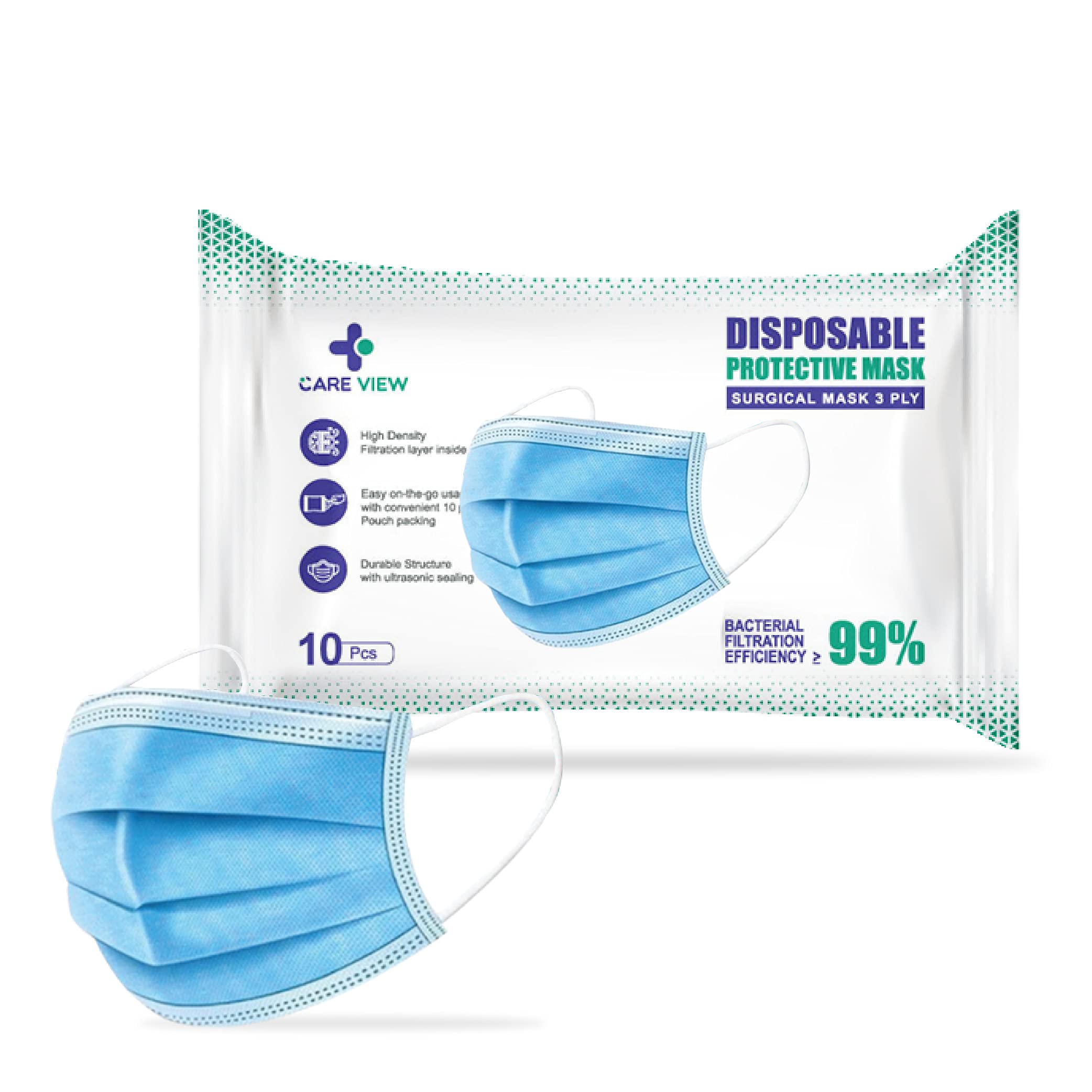 Careview 3 Ply Disposable Face Mask Pouch,Certified by BFE>99% and PFE > 95%, SITRA, DRDO, ISO and CE (Pack of 100, Blue)
