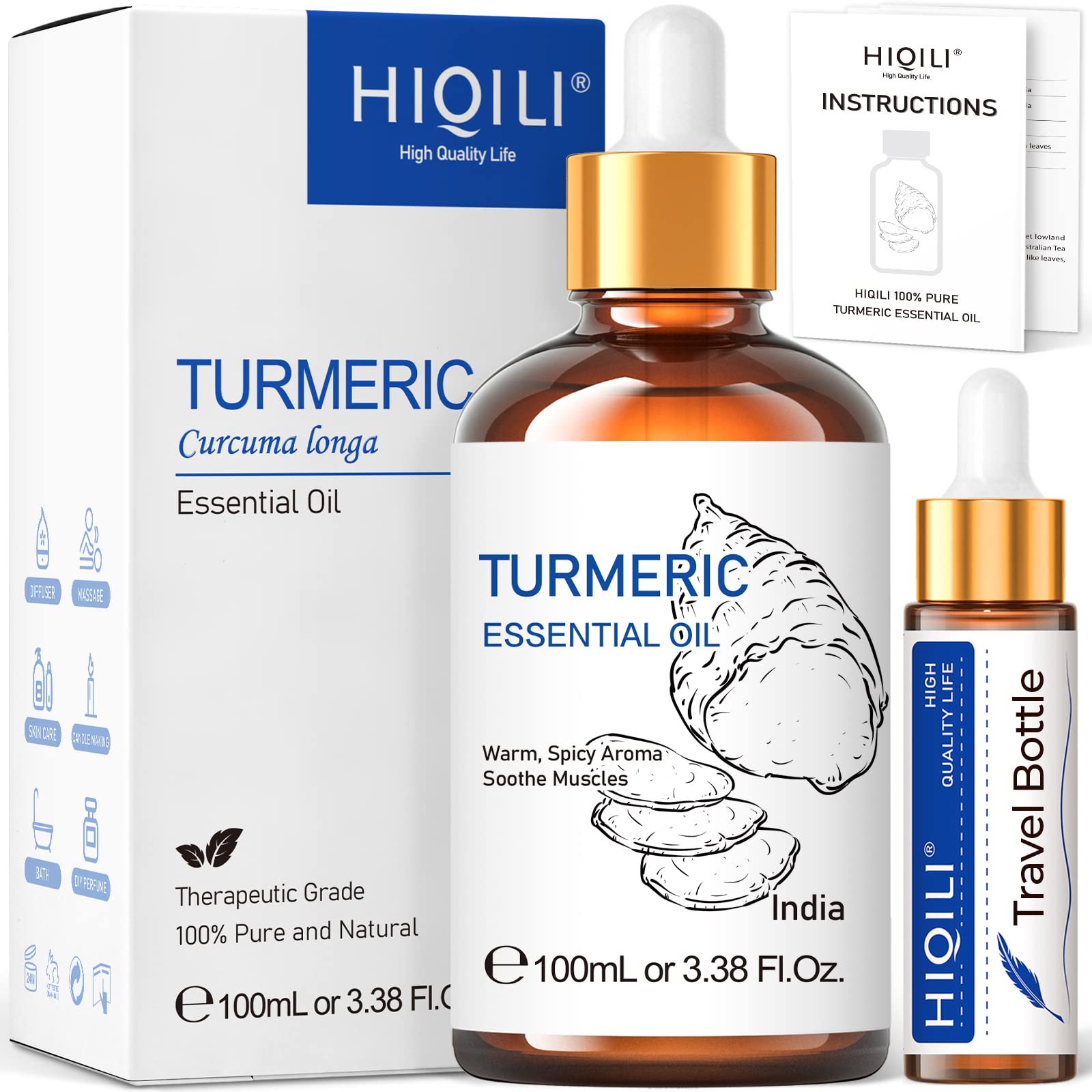 HIQILI Turmeric Oil for Face Dark Spots, Face Problems,100% Pure, Use After Dilution- 3.38 Fl Oz