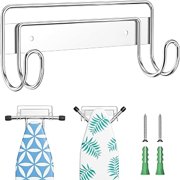 Ironing Board Hanger Wall Mount, Ironing Board Holder for T or Y Leg, Stainless Steel Iron Board Hanger, Laundry Room Wall Hook for Iron Board Holder Silver