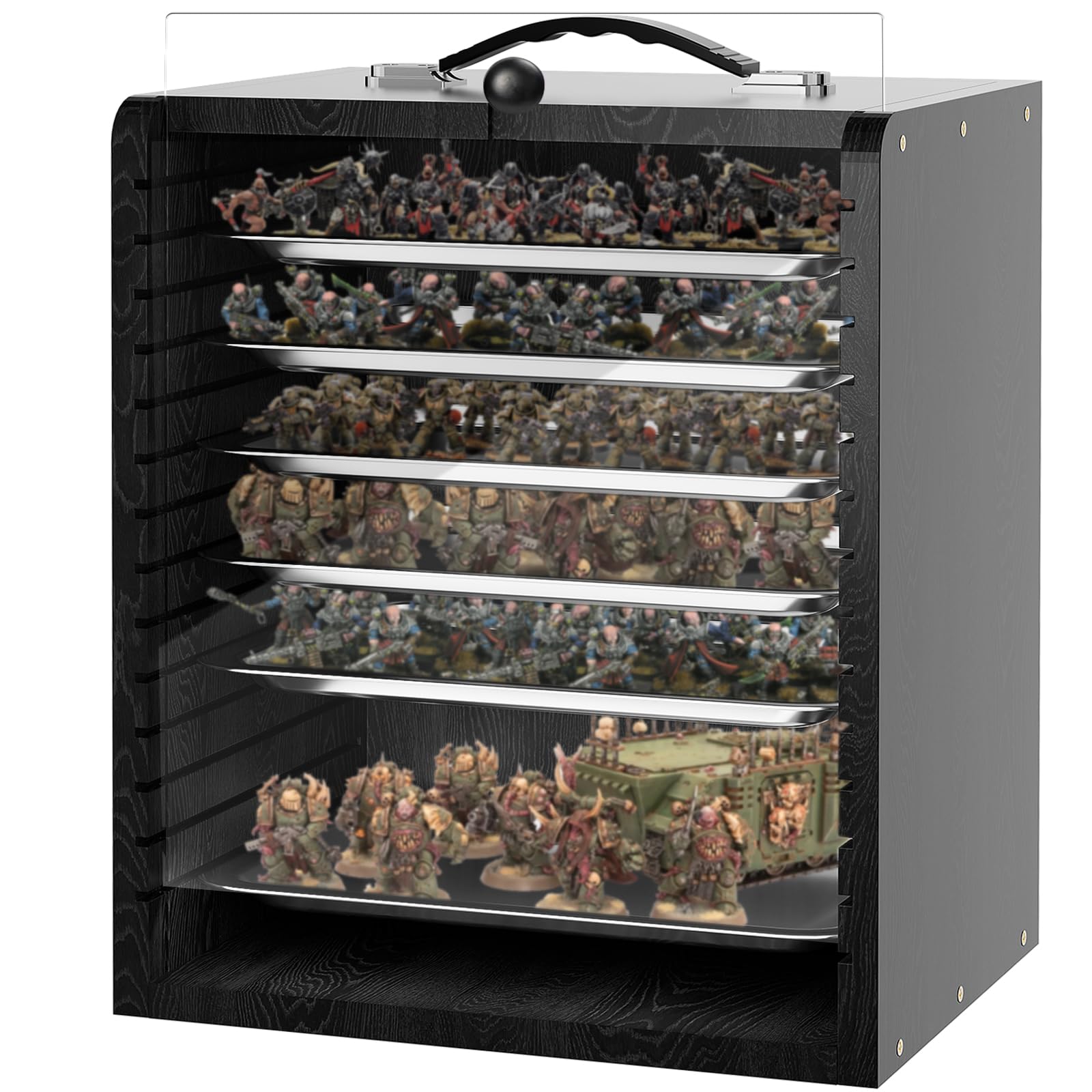 AKOZLIN Vetrina in miniatura per statuette da collezione in miniatura con 6 scomparti e manico in legno, custodia da trasporto in miniatura nera