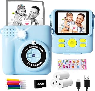 GKTZ Cámara de Fotos Instantáneas - 1080P Camara Fotos Infantil para Niños con Papel Fotográfico de Impresión y Tarjeta de 32G Regalo Juguete Niña 3 4 5 6 7 8 9 10 11 12 Años (Azul)