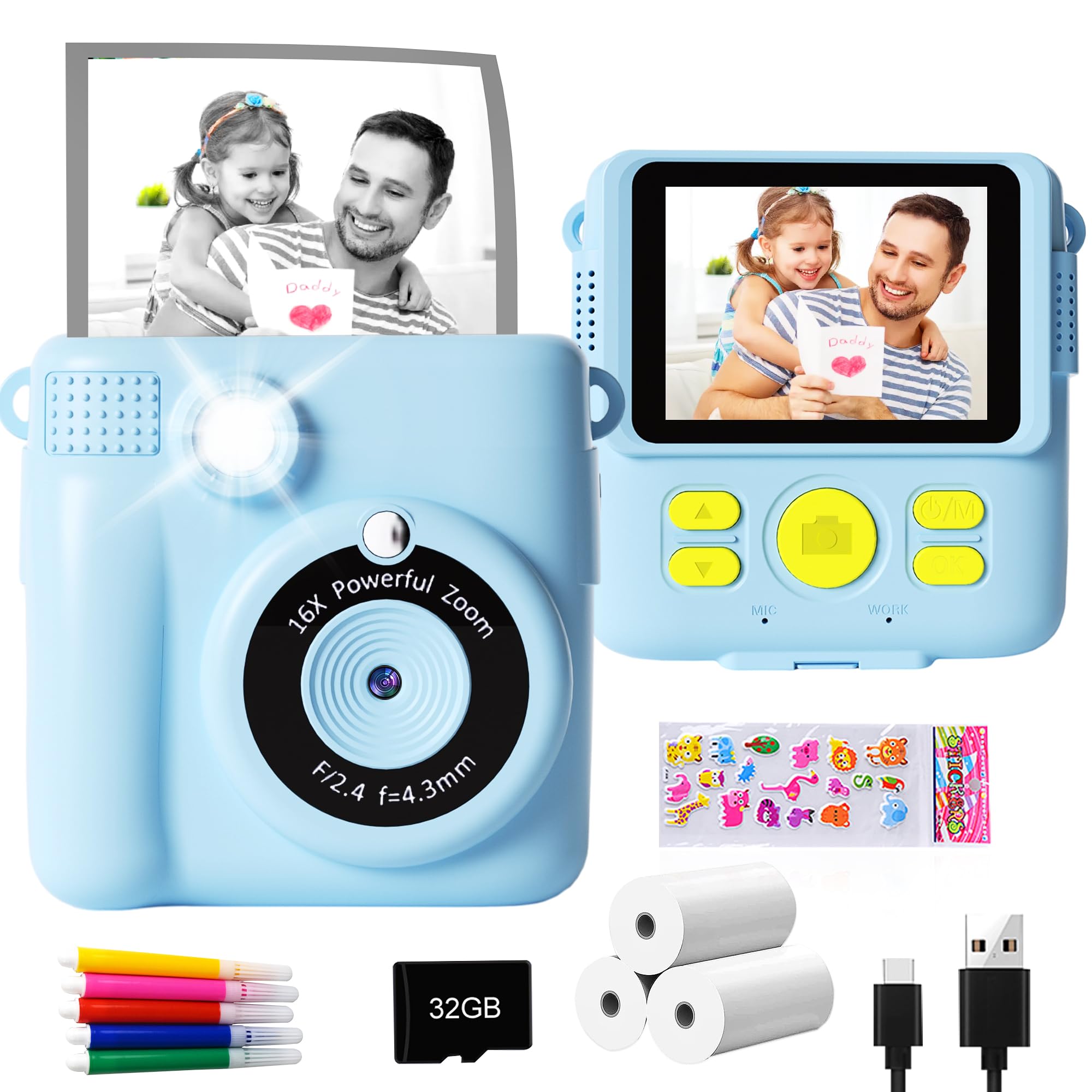 GKTZ Instant Photo Camera – 1080P Children's Photo Camera for Children with Printing Photo Paper and 32G Card Gift Toy Girl 3 4 5 6 7 8 9 10 11 12 Years Old (Blue)