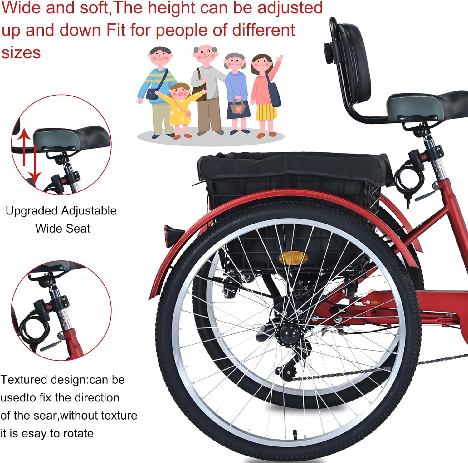 Upgraded Adult Tricycle, 7 Speed Tricycle for Adults with Front & Rear Baskets, 3 Wheel Bikes for Adults, Adult Tricycles for Women Men Seniors, Adult Trike, 26 inch Three Wheel Bikes