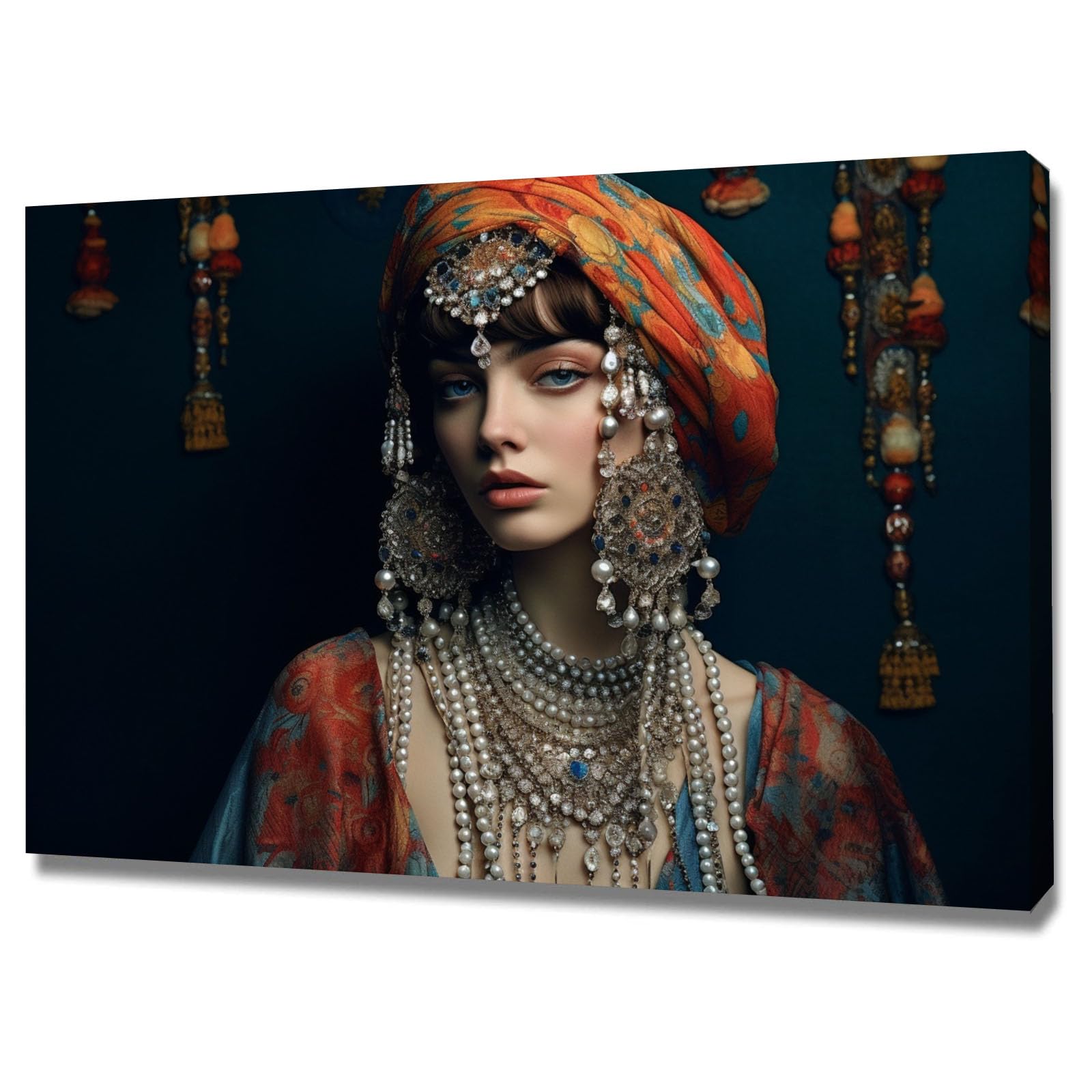 TERUEA Vintage Bathroom Wall Art - Woman In Colorful Turban With Layered Pearl Jewelry Vintage Humor Wall Poster for Bathroom Toilet Decor(Multi)-40x60cm Framed