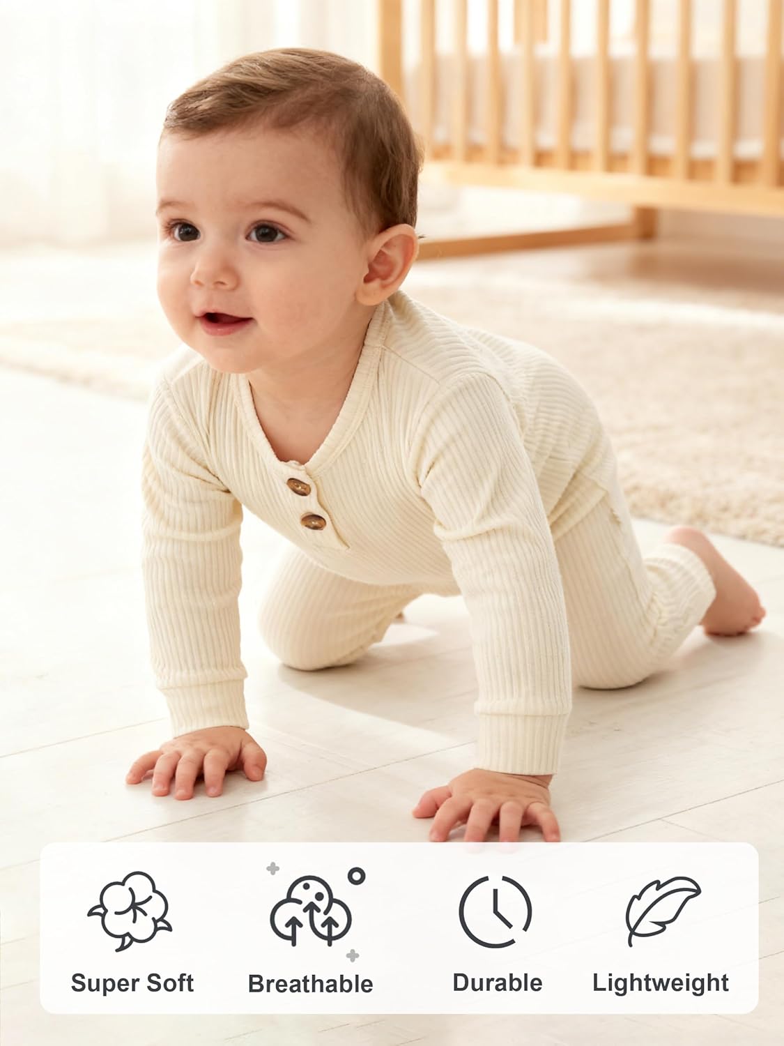 Unisex Newborn Clothes 0-12 Months Long Sleeve Snaps up Solid Ribbed Knit Baby Outfits - Image 4