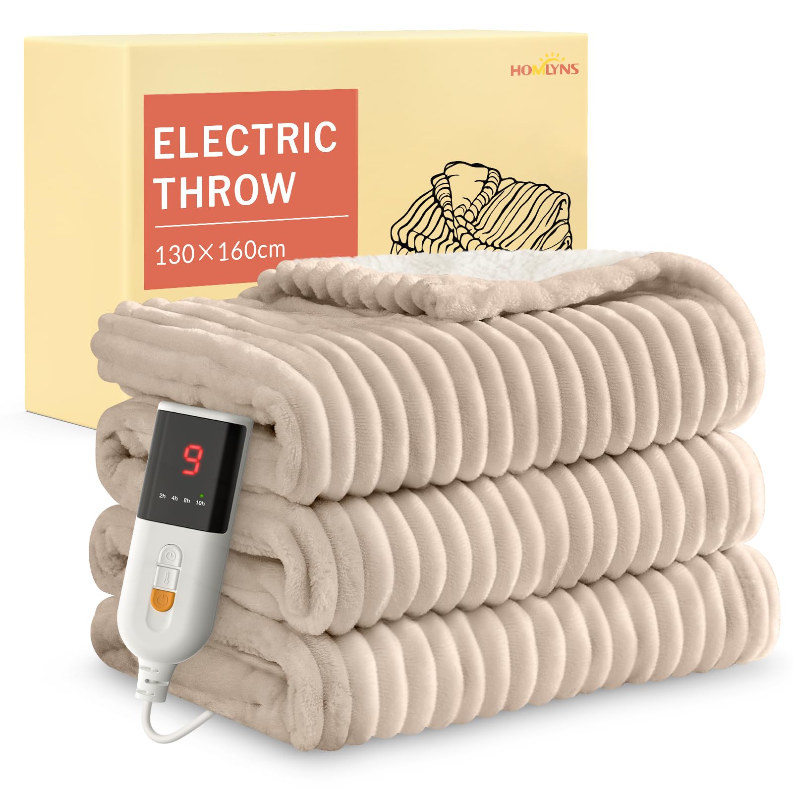 HOMLYNS Coperta riscaldata, 160 x 130 cm, 9 livelli di calore, beige | Timer da 2-10 ore, certificato UKCA e CE, controllo della memoria, cavo di alimentazione da 2,2 m