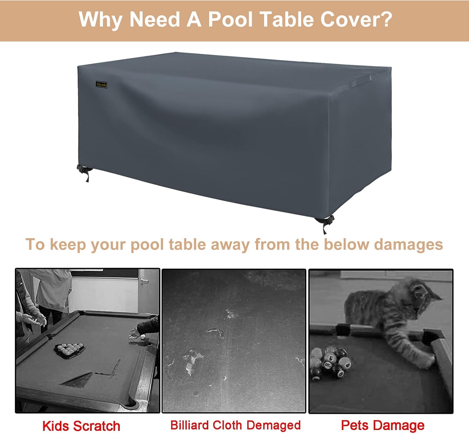 CHINCHILLA 7/8/9 ft Pool Table Cover, Waterproof Sunscreen Billiard Cover Polyester Fabric ，for Snooker Billiard Table Cover