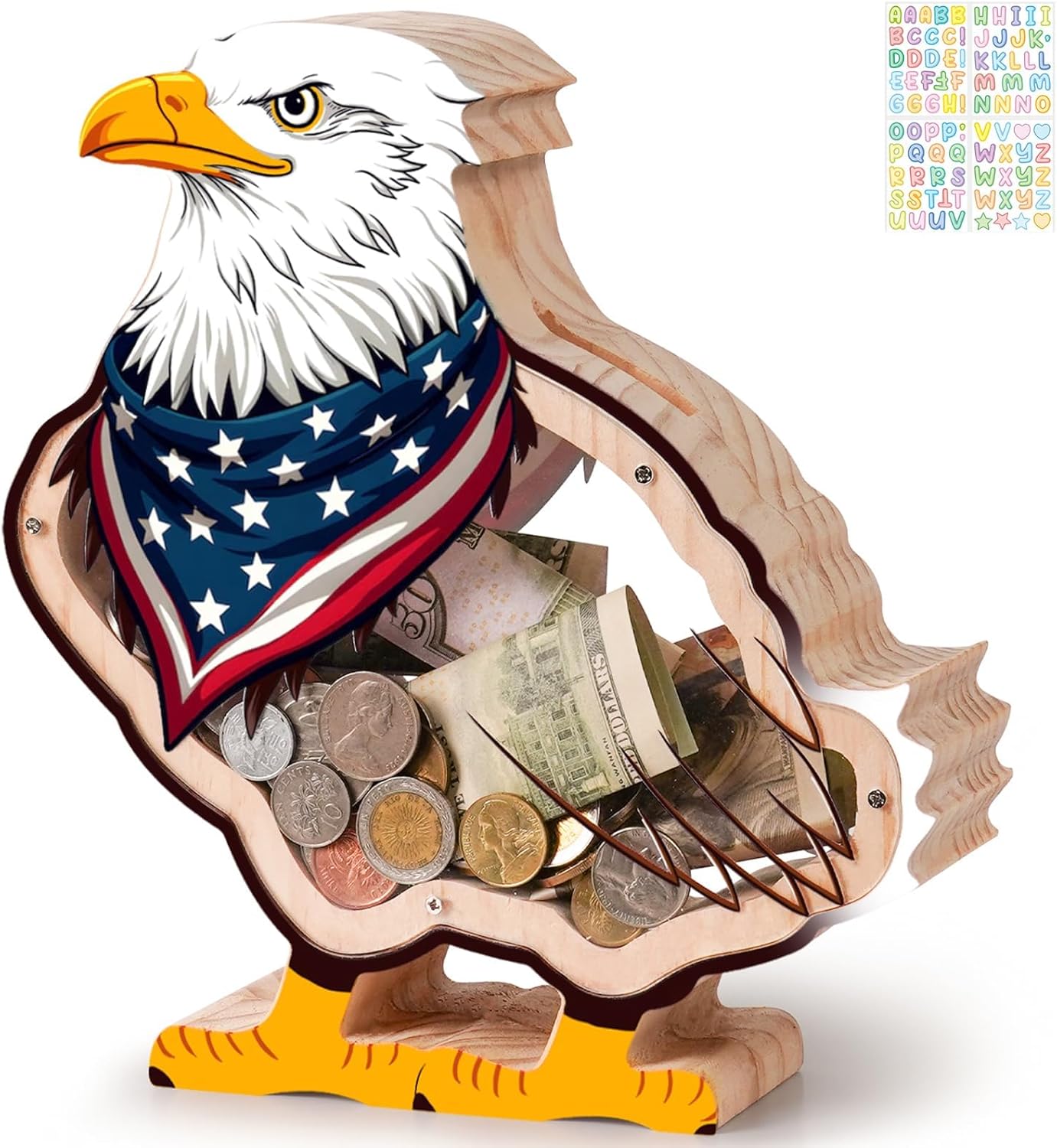 Wooden Eagle Piggy Bank for Kids, Kids Coin Bank, Unbreakable Money Bank for Boys, Girls, Safe Money Box with Stickers, Toddler Birthday, Baptism Gifts for Boys, Room Decor, Educational Toys