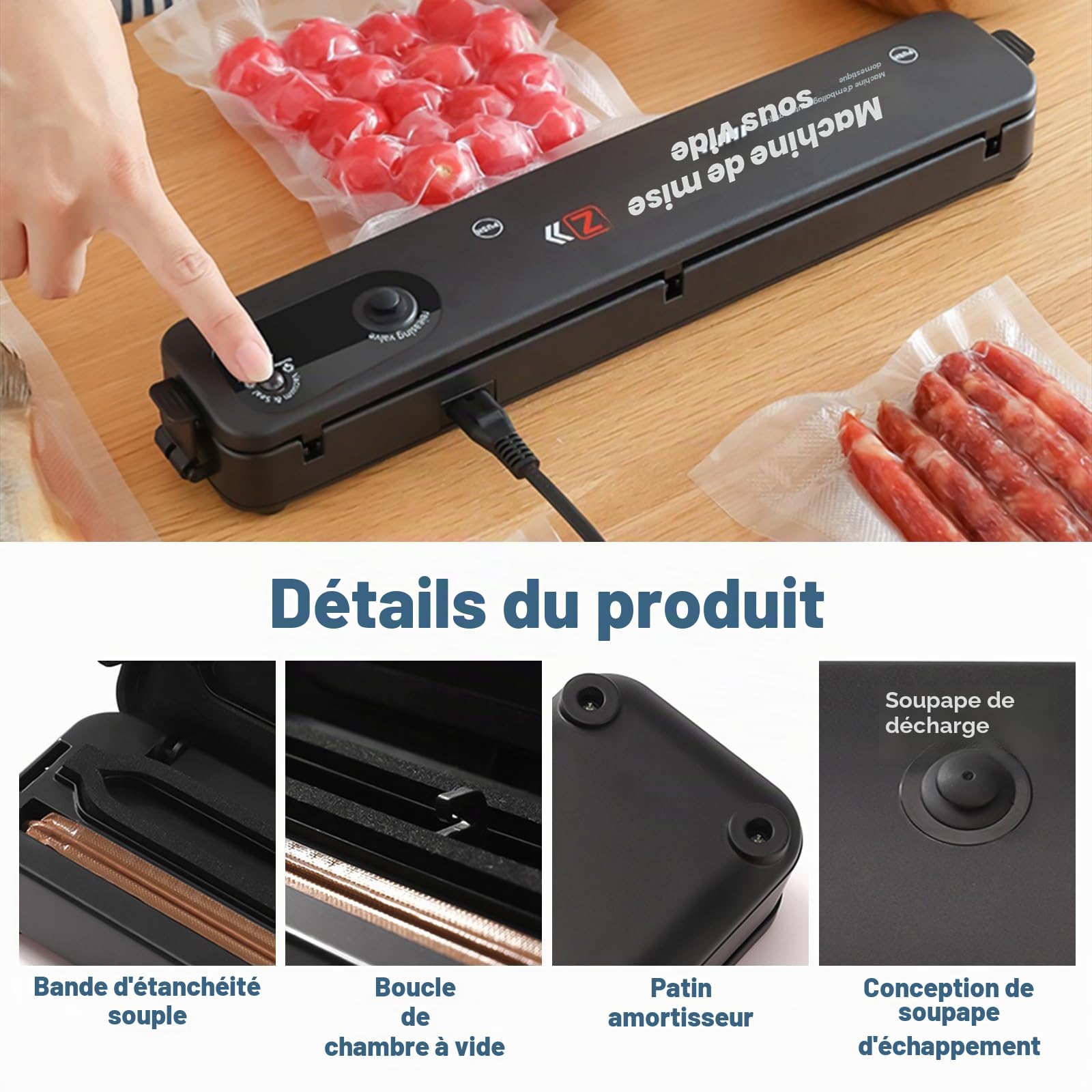 Scelleur alimentaire sous vide avec 10 PCS sacs de scellage Sacs de conservation réutilisables pour la cuisson sous vide, anti-fuite et résistant à l'humidité