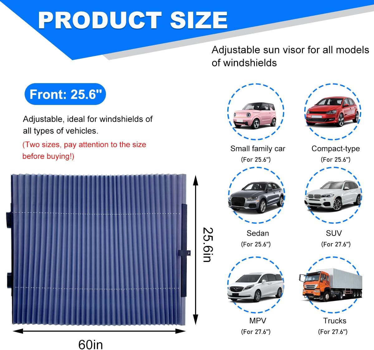 Ohleats Retractable Windshield Sun Shade, 25.6"×60" Sunshade Protector Blocks 99% UV Rays to Keep Your Car Cool, Front Windshield Sunshade Cover for Most Vehicles, Car Accessories (25.6"×60")