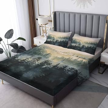 Misty Forest Sheets Full Sheet Set, Jungle Landscape Bed Sheets, Foggy Nature Tree Bedding Bedroom Decor, Soft Microfiber Deep Pocket Fitted Sheet & Flat Sheet & 2 Pillowcases