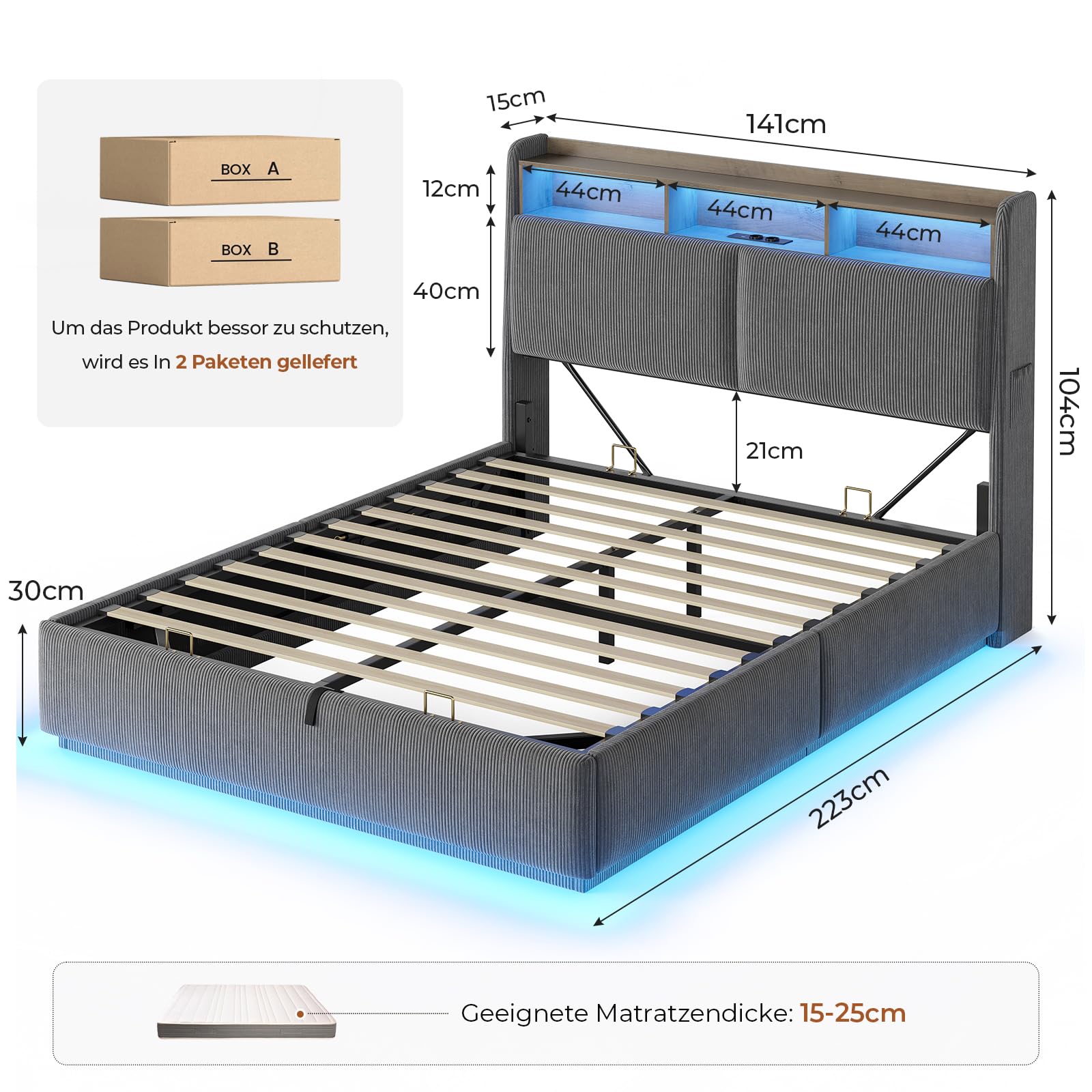 Hydraulisches Stauraumbett mit LED Beleuchtung und Steckdosen,Polsterbett mit Stauraum Kopfteil Jugendbett Betten mit HolzLattenrost & USB-Ladefunktion,Ohne Matratze (Dunkelgrau Cord, 140x200cm)