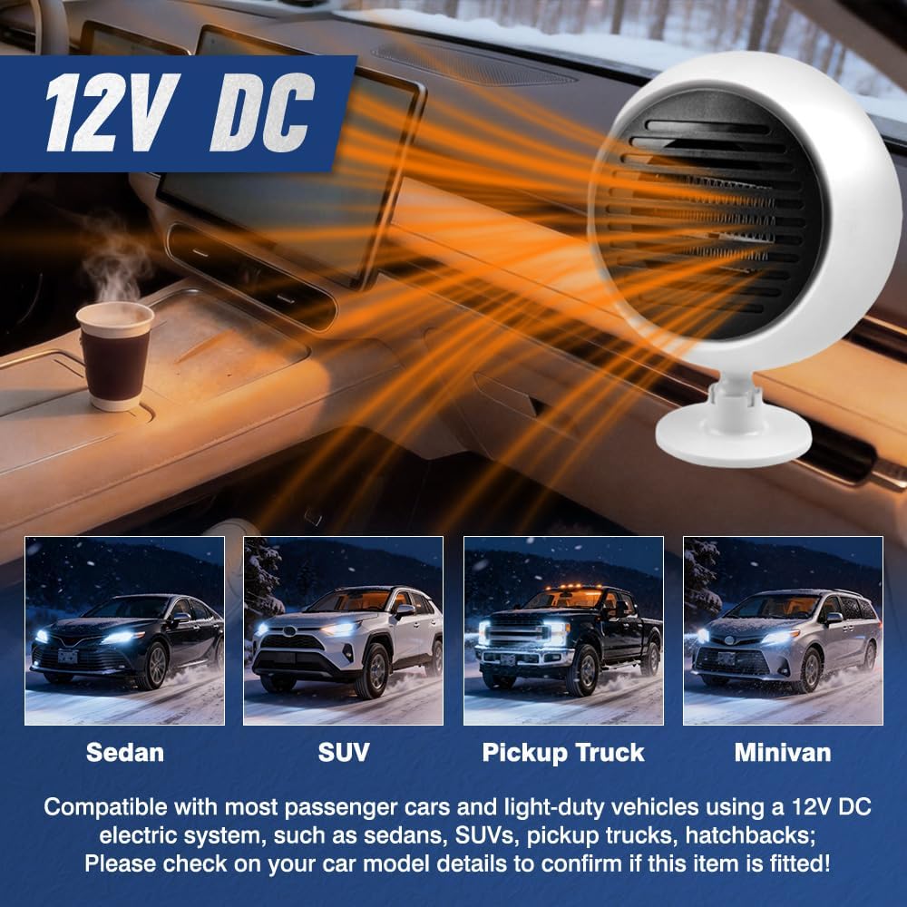 Car Heater,Portable Car Heater 2 in1 Fast Heating Defrost Defogger Demister Heating/Cooling Fan Auto Dryer Windshield Defroster(White)