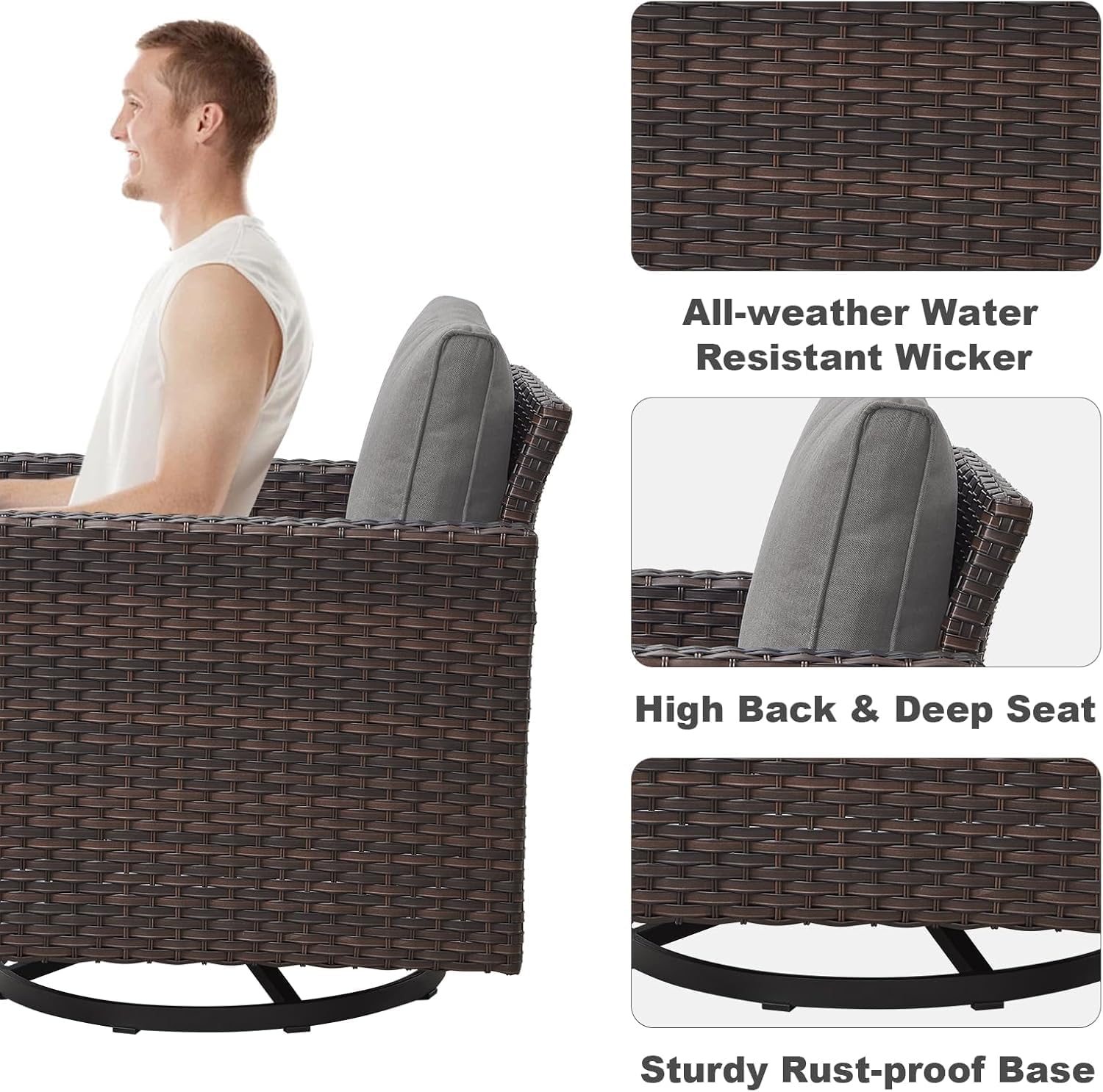 Wicker Patio Furniture Set: 5Piece Outdoor Patio Furniture Set with Swivel Chairs, Includes 2 Swivel Patio Chairs, 1 Outdoor Couch and 2 Ottoman, Brown/Grey