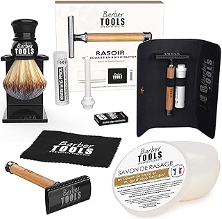 Kit de Afeitado - Maquinilla de afeitar + 5 cuchillas dobles + brocha de afeitar + 150ml jabón de afeitar + piedra de alumbre ✮ BARBER TOOLS ✮