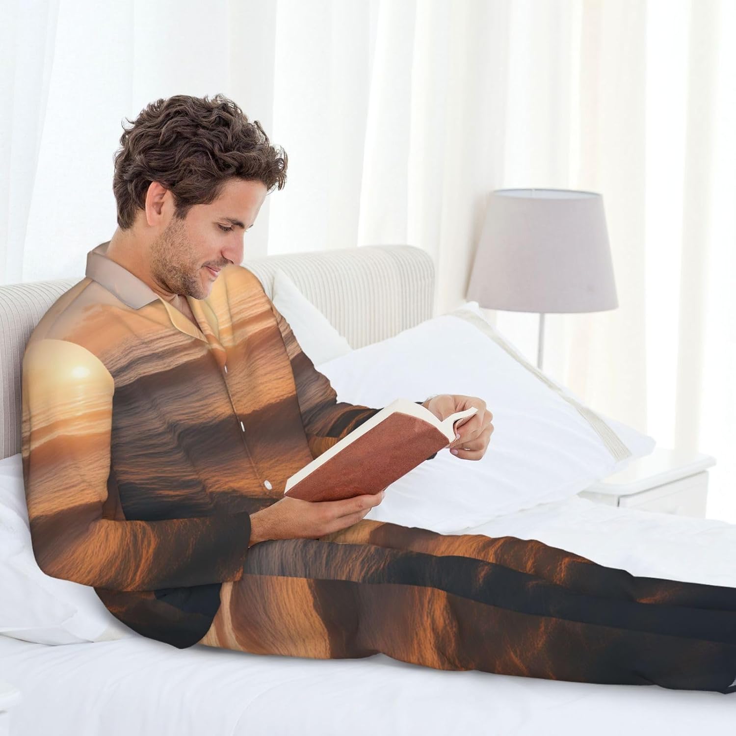 Beautiful Sunrise Ocean Print Luxurious Mens Pajamas Set,Soft Breathable Pajamas, Perfect For Winter Christmas
