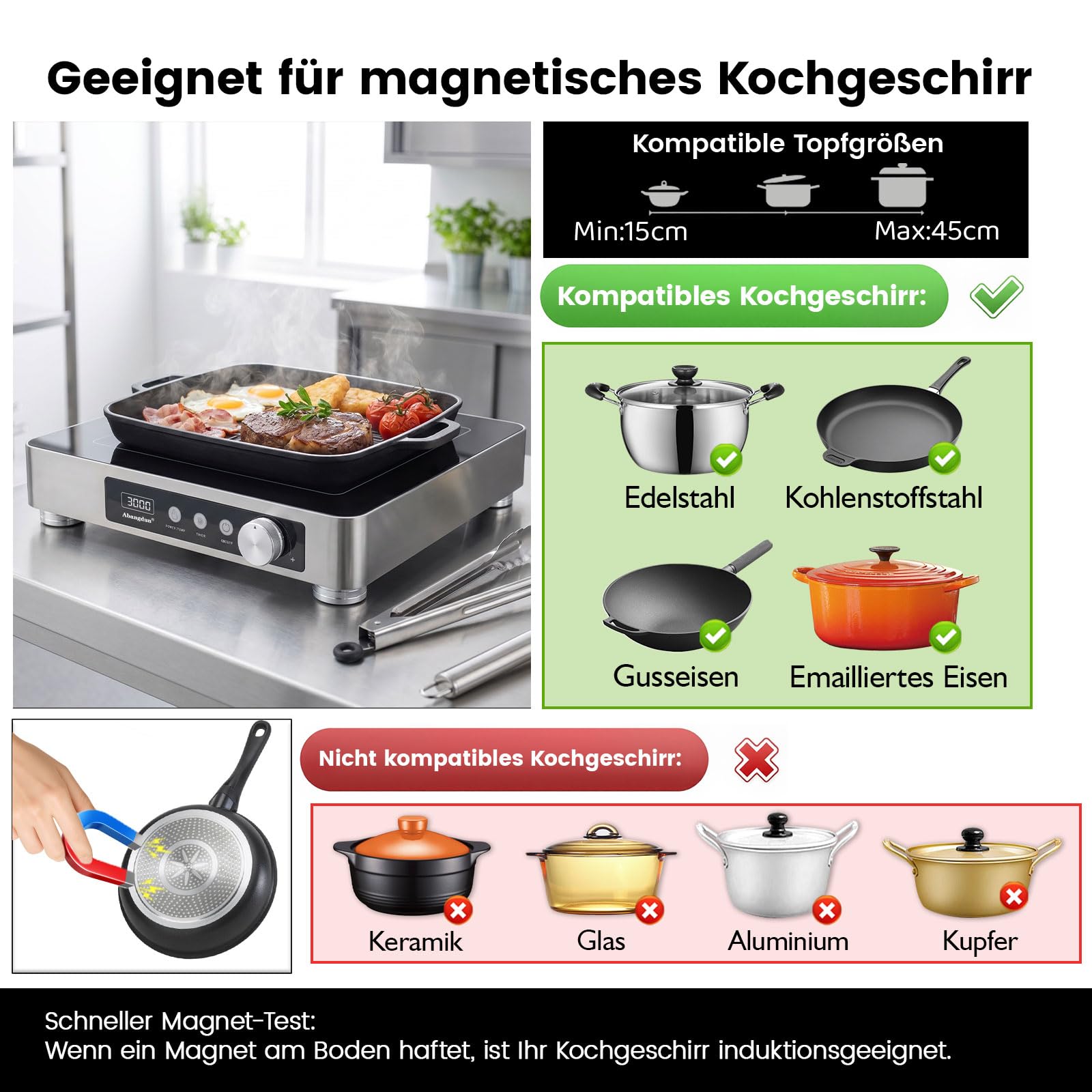 Plaque de cuisson à induction commerciale 3000 W – 190-275 V avec 16 niveaux de puissance, 60 à 220 °C, minuterie 18 h, acier inoxydable et verre, pour restauration, restaurant et cuisine
