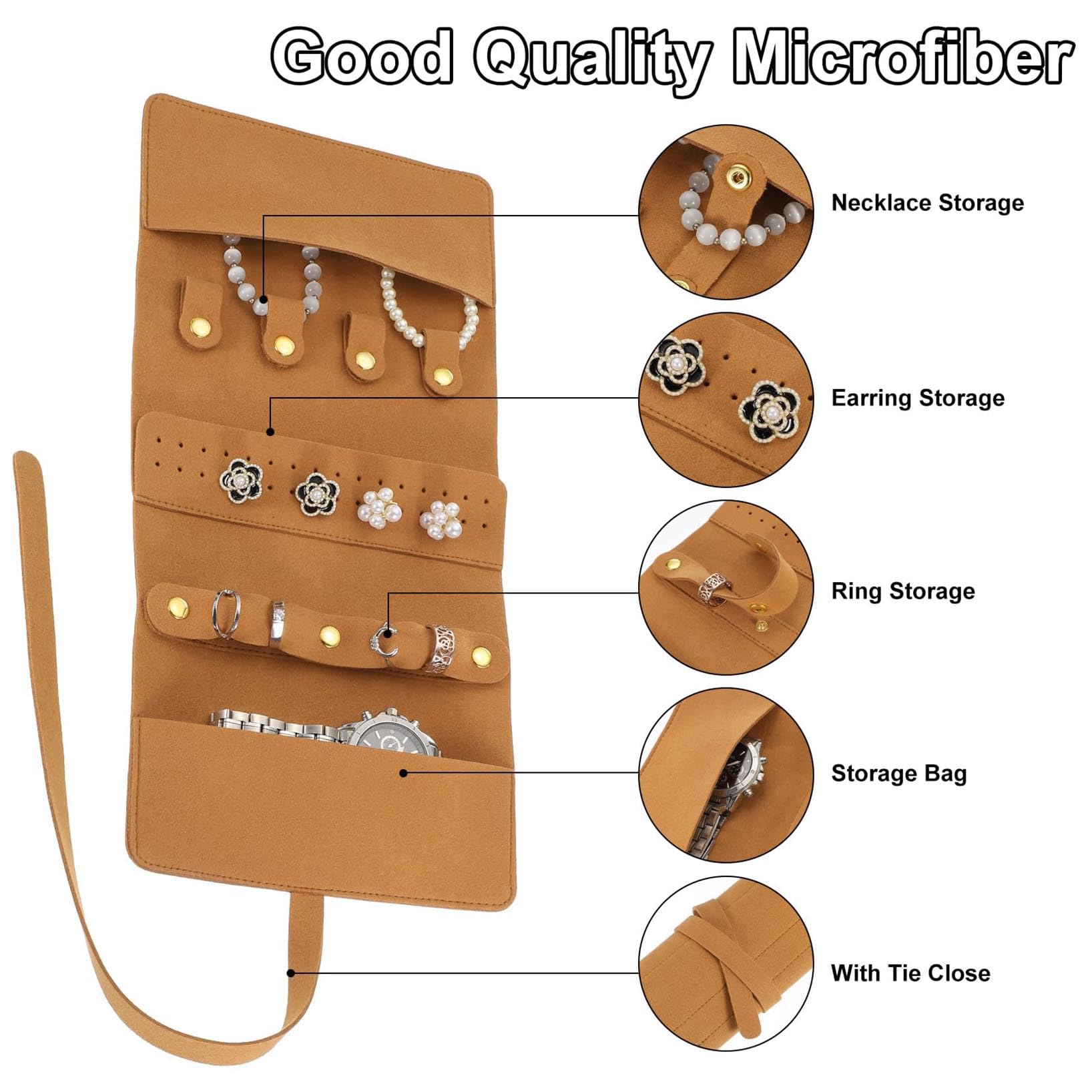 AKEIE Premium Foldable Jewelry Travel Organizer Travel Jewelry Bag Roll Bag with Tie Close Microfiber Jewelry Storage Roll Jewelry Case for Women Gift Necklaces Earrings Rings Bracelets,Brown