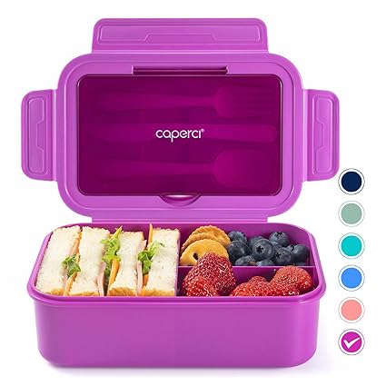 Caperci Bento Box Adult Lunch Box for Kids with Classic 3 Compartments - 47oz Leakproof Lunch Containers for Adults/Teens with Utensil, Bento Lunch Box Microwave/Dishwasher Safe, BPA Free - Purple