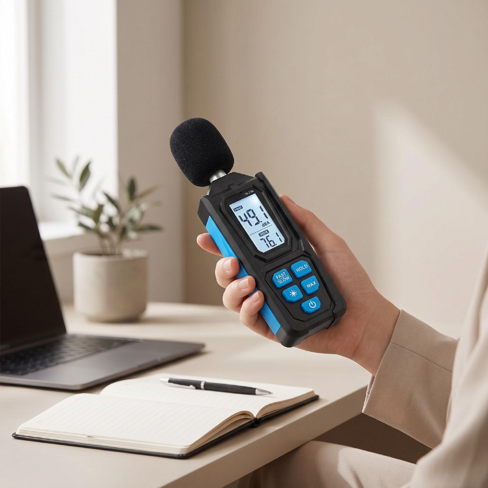 Eujgoov Medidor de Ruido HS-33 30‑130dB con Ponderación de A/C Rápida/lenta | Sonómetro portátil, precisión de 1,5 dB, retención de datos, reinicio del valor máximo, LCD de 4 dígitos, apagado automático