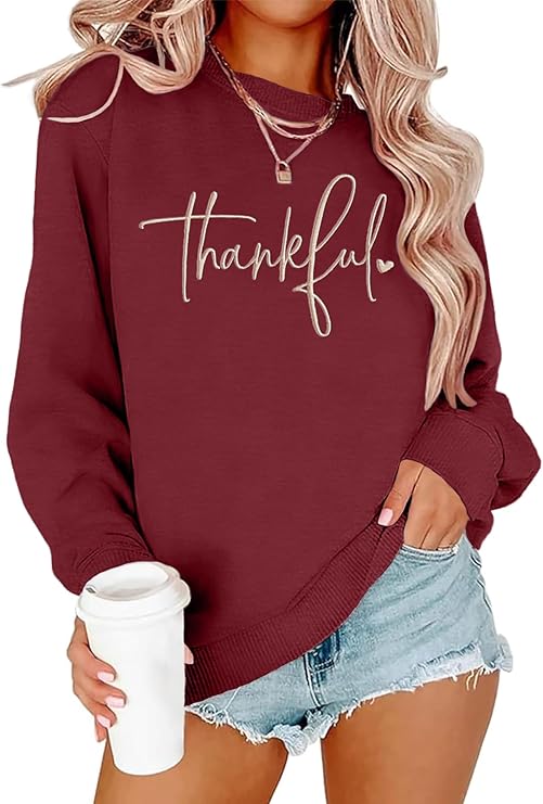 Thanksgiving Sweatshirts for Women Thankful Sweatshirt 2025 Trendy Fall Embroidered Graphic Pullover Top