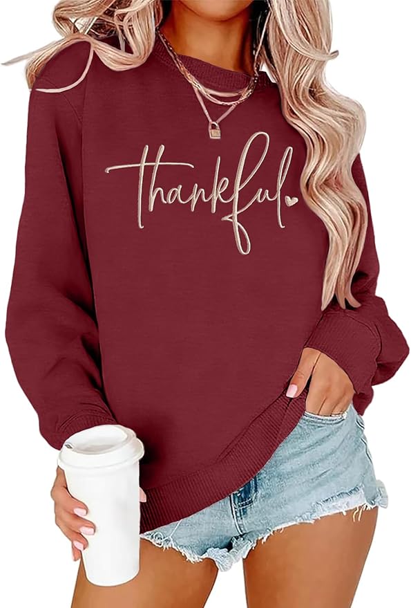 Thanksgiving Sweatshirts for Women Thankful Sweatshirt 2025 Trendy Fall Embroidered Graphic Pullover Top